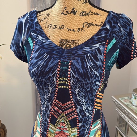 CACHE Designer sexy blue yellow green gold scarf animal print dress cruise XS 0 - Picture 2 of 9